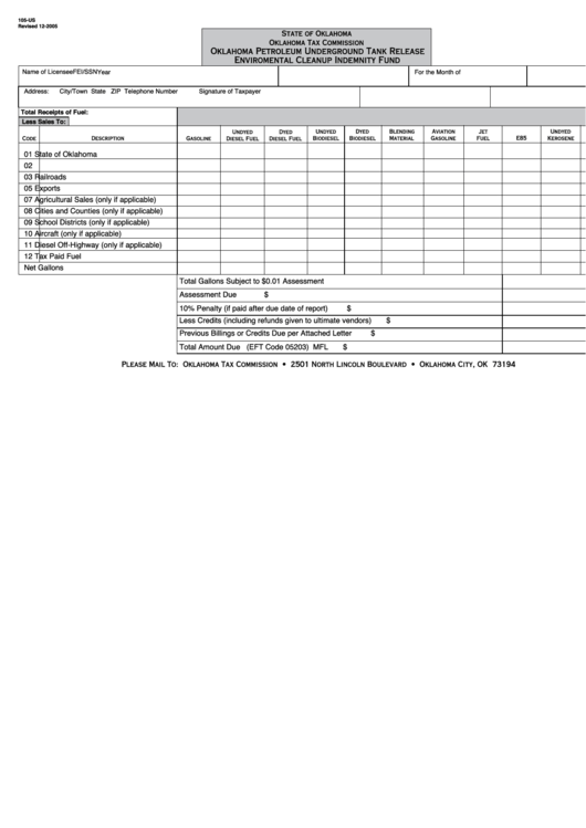 Form 105-Us - Oklahoma Petroleum Underground Tank Release Enviromental Cleanup Indemnity Fund Printable pdf