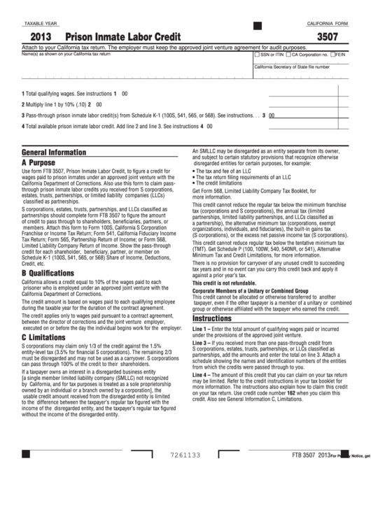 Fillable California Form 3507 - Prison Inmate Labor Credit - 2013 Printable pdf