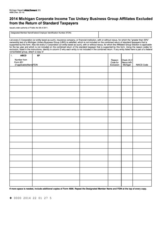 Form 4896 - Michigan Corporate Income Tax Unitary Business Group Affiliates Excluded From The Return Of Standard Taxpayers - 2014 Printable pdf