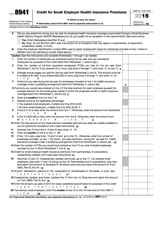 Fillable Form 8941 - Credit For Small Employer Health Insurance Premiums - 2015 Printable pdf