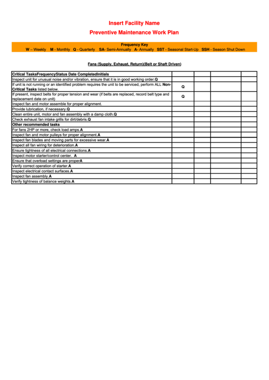 Preventive Maintenance Work Plan Chart Printable pdf