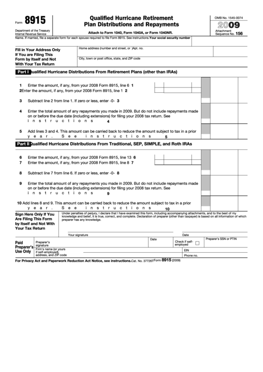 Fillable Form 8915 - Qualified Hurricane Retirement Plan Distributions And Repayments - 2009 Printable pdf