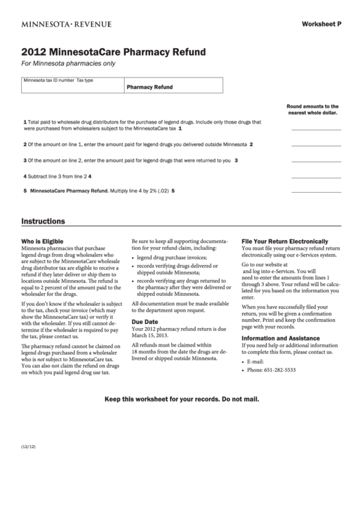 Fillable Worksheet P - Minnesotacare Pharmacy Refund - 2012 Printable pdf