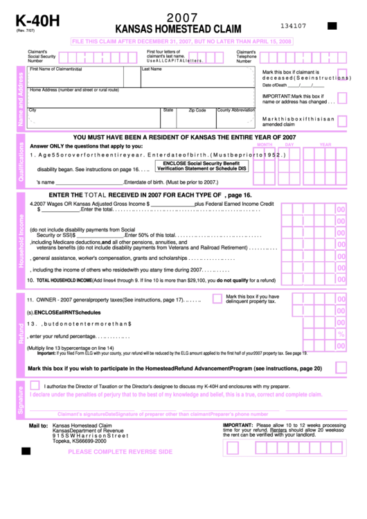 Form K40h Kansas Homestead Claim 2007 printable pdf download