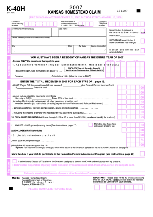 Form K-40h - Kansas Homestead Claim - 2007 Printable pdf
