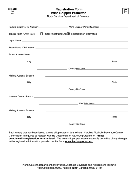 Form B-C-785 - Registration Form Wine Shipper Permittee Printable pdf