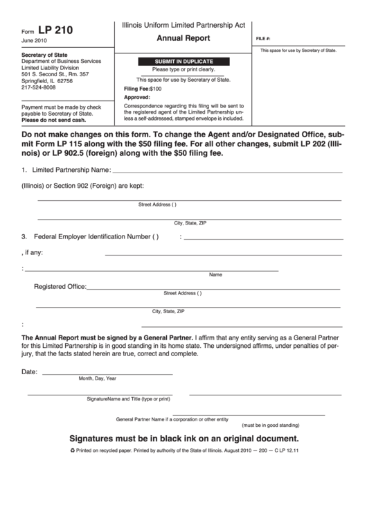 Fillable Form Lp 210 - Annual Report - Illinois Uniform Limited Partnership Act Printable pdf