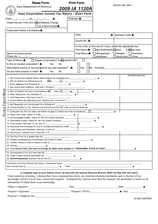 Fillable Form Ia 1120a - Iowa Corporation Income Tax Return 2009 Printable pdf