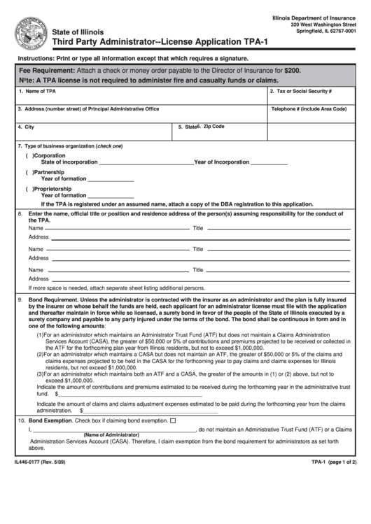 Form Il446-0177 - Third Party Administrator- License Application Tpa-1 Printable pdf