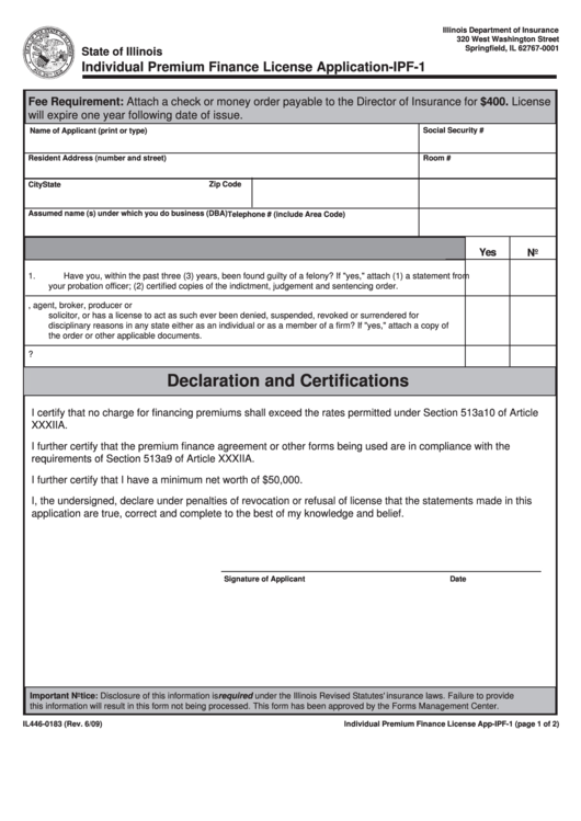 Form Il446-0183 - Individual Premium Finance License Application-Ipf-1 Printable pdf