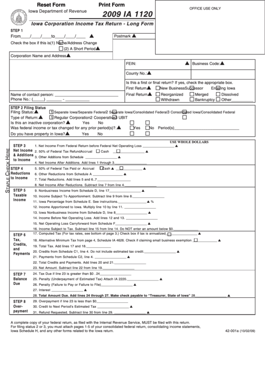 Fillable Form Ia 1120 - Iowa Corporation Income Tax Return - Long Form - 2009 Printable pdf