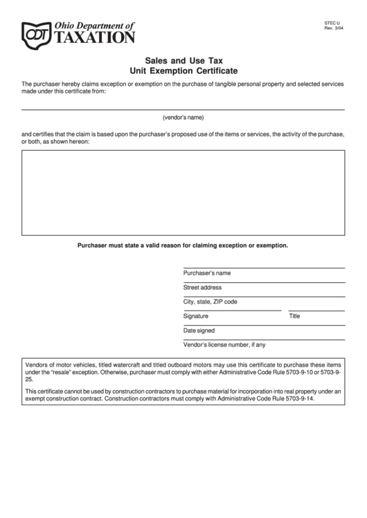 Fillable Sales And Use Tax Unit Exemption Certificate printable pdf