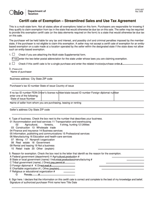 Fillable Form Stec-Sst - Certificate Of Exemption - Streamlined Sales And Use Tax Agreement Printable pdf