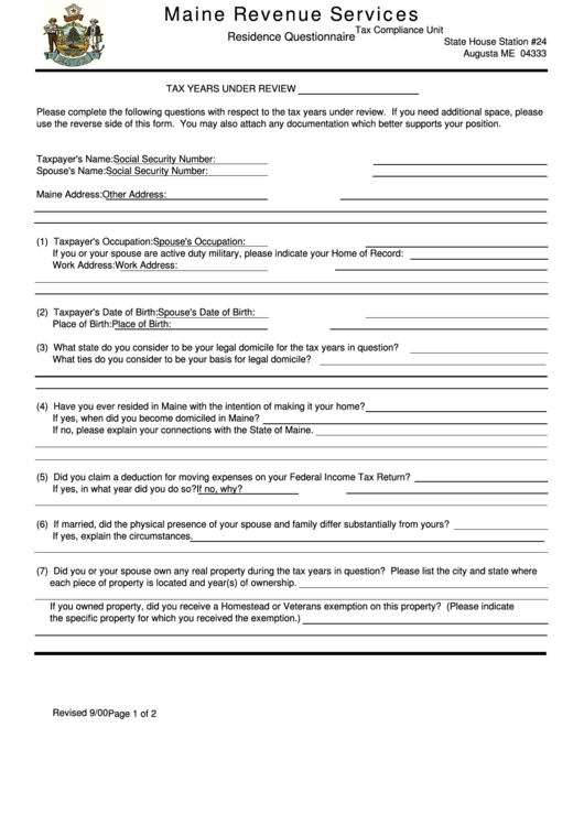Residence Questionnaire - Maine Revenue Services Printable pdf