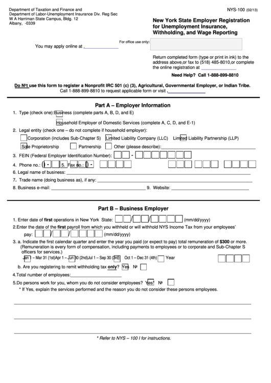 Form Nys-100 - New York State Employer Registration For Unemployment Insurance, Withholding, And Wage Reporting - 2013 Printable pdf