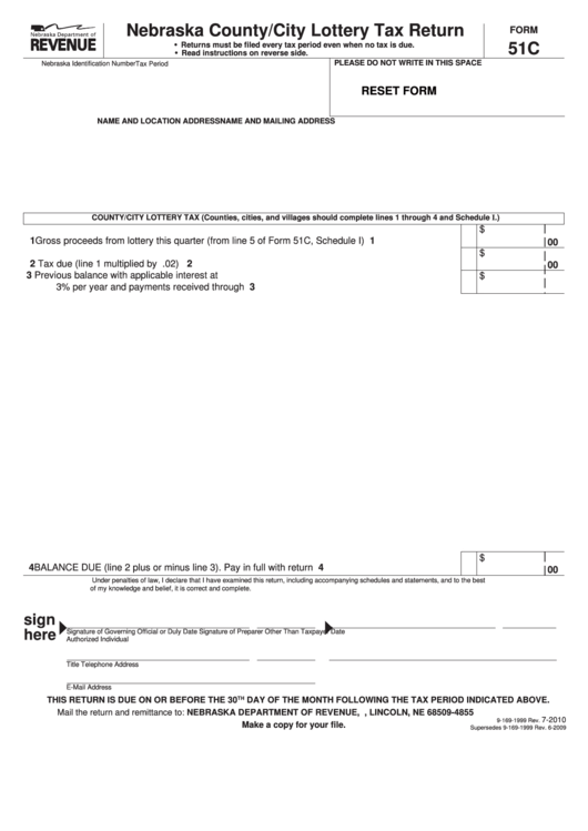 Fillable Form 51c - Nebraska County/city Lottery Tax Return - 1999 Printable pdf