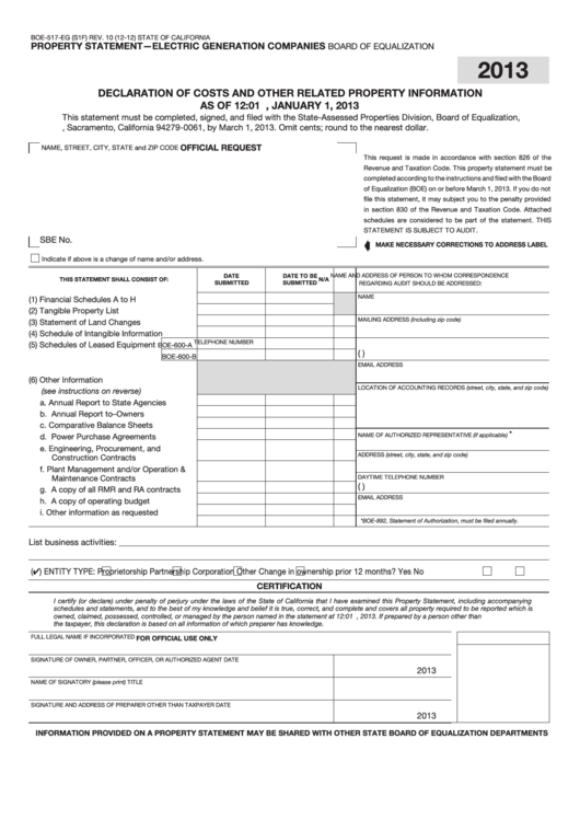 Fillable Form Boe-517-Eg - Property Statement - Electric Generation Companies Printable pdf