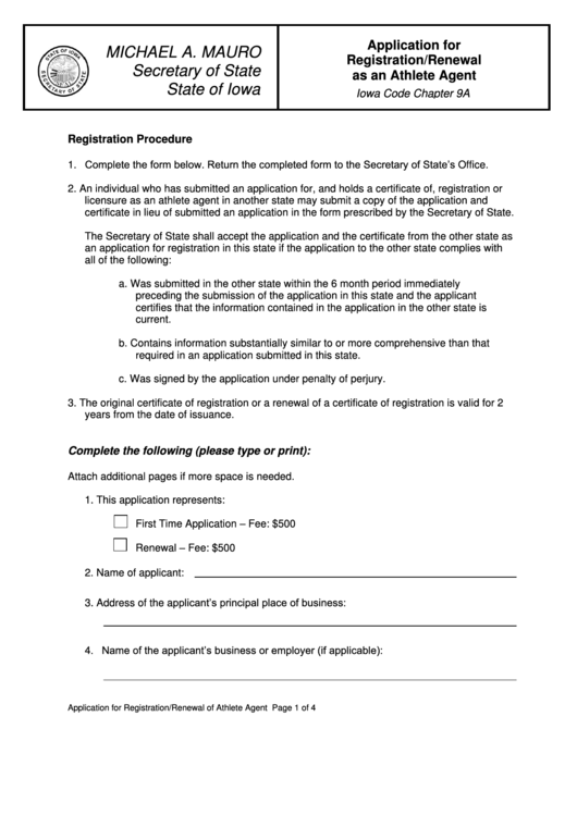 Fillable Application For Registration/renewal As An Athlete Agent - Secretary Of State - State Of Iowa Printable pdf
