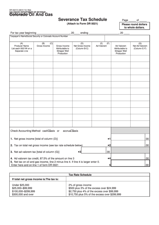 Fillable Form Dr 0021d - Colorado Oil And Gas Severance Tax Schedule - 2012 Printable pdf