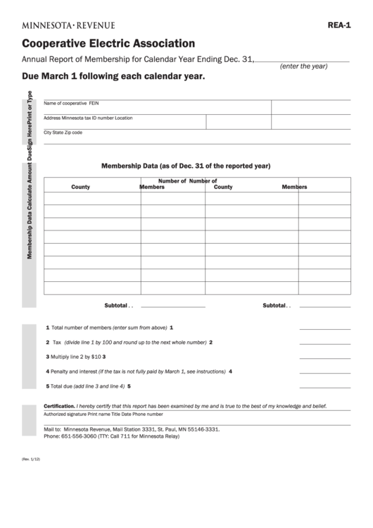 Fillable Form Rea-1 - Cooperative Electric Association Printable pdf