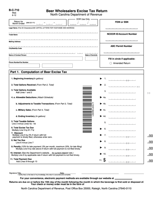 Fillable Form B-C-710 - Beer Wholesalers Excise Tax Return Printable pdf