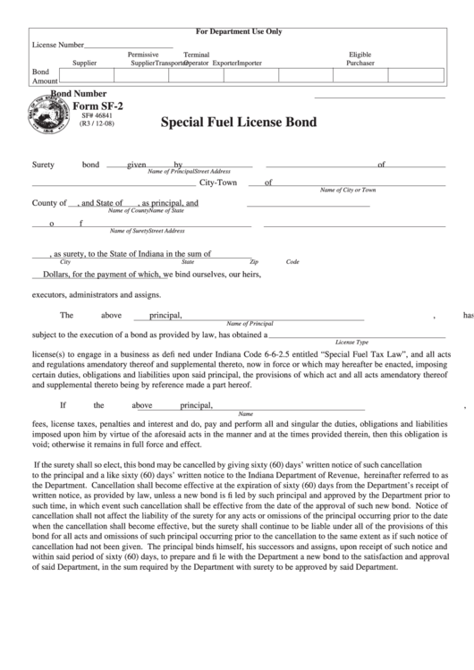 Fillable Form Sf-2 - Special Fuel License Bond Printable pdf