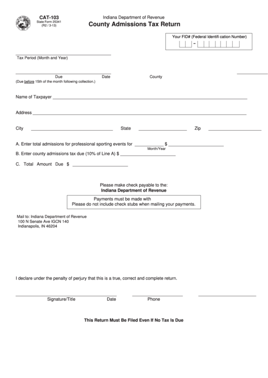Fillable Form Cat-103 - County Admissions Tax Return Printable pdf