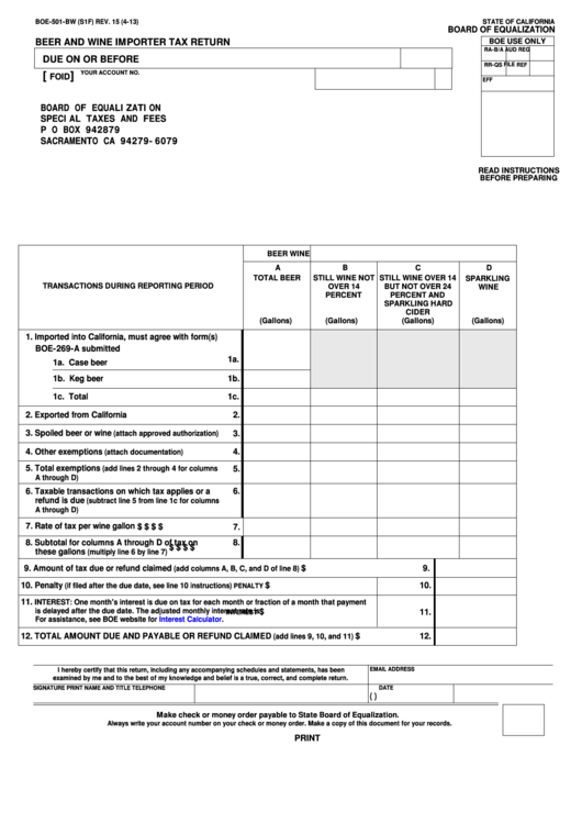 Fillable Form Boe-501-Bw - Beer And Wine Importer Tax Return Printable pdf