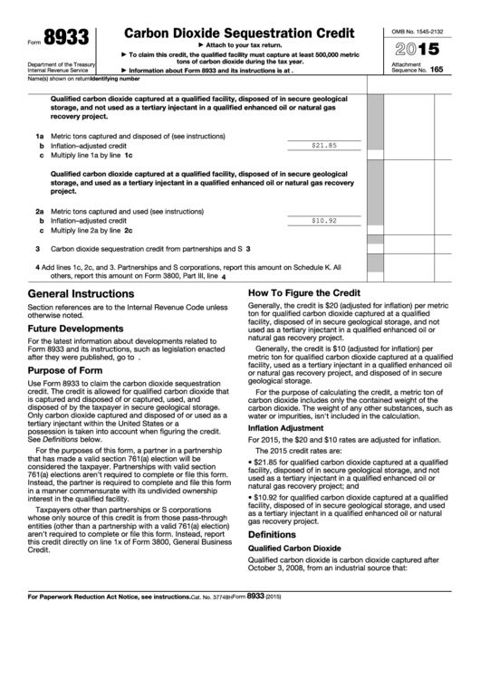 Fillable Form 8933 - Carbon Dioxide Sequestration Credit - 2015 Printable pdf
