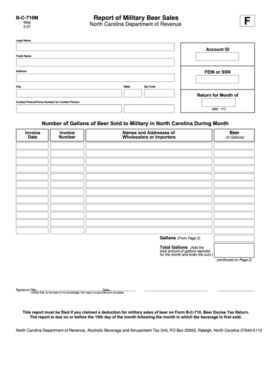 Fillable Form B-C-710m - Report Of Military Beer Sales Printable pdf