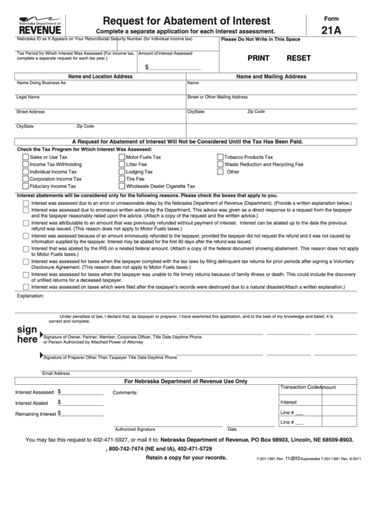 Fillable Form 21a - Request For Abatement Of Interest - 1991 Printable pdf