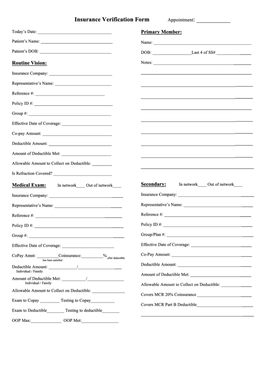 Insurance Verification Form Printable pdf