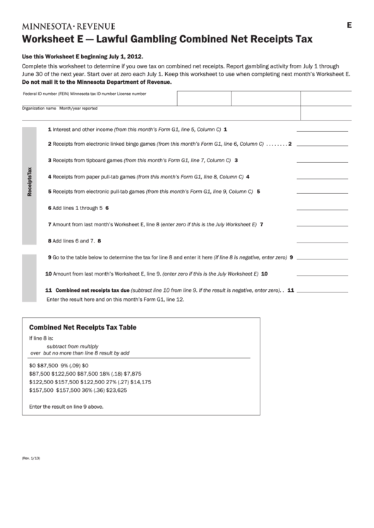 Fillable Form Worksheet E - Lawful Gambling Combined Net Receipts Tax - 2012 Printable pdf