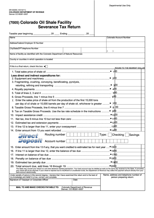 Fillable Form Dr 0020e - Colorado Oil Shale Facility Severance Tax Return - 2011 Printable pdf