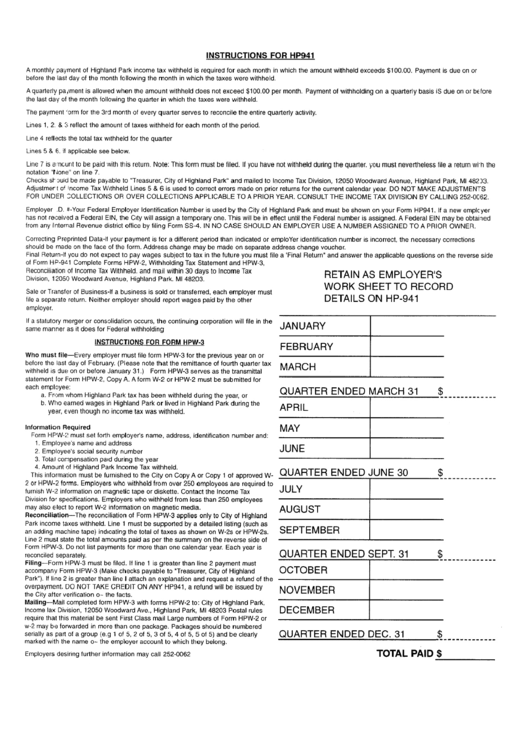 Instructions For Form Hp941 - Tax Withheld Form - City Of Highland Par Printable pdf