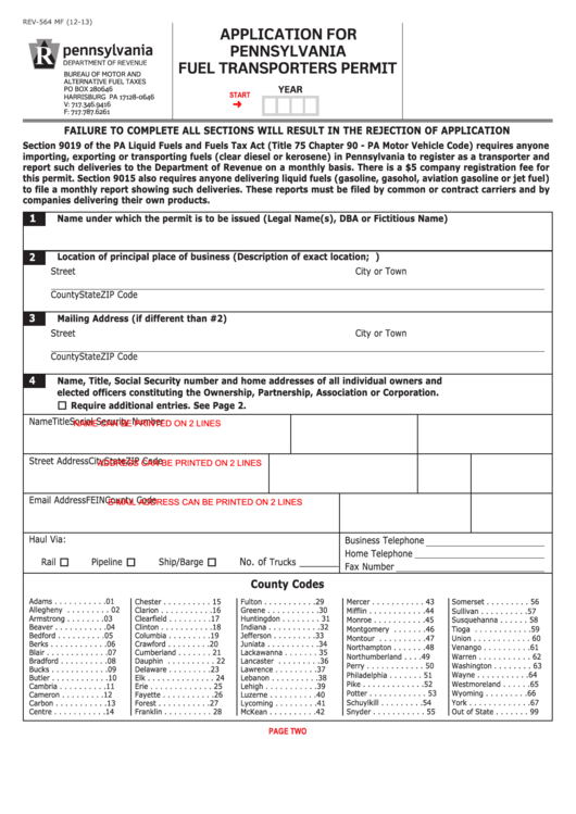 Fillable Form Rev-564 - Application For Pennsylvania Fuel Transporters Permit Printable pdf