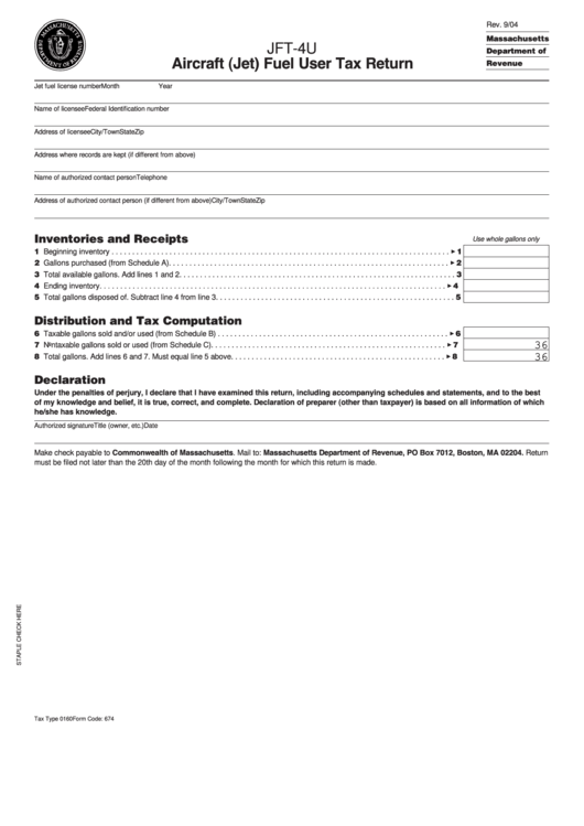 Fillable Form Jft-4u - Aircraft (Jet) Fuel User Tax Return Printable pdf