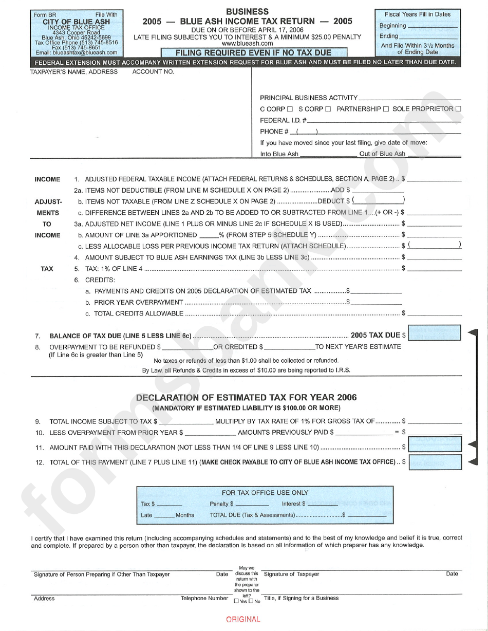 Form Br - Blue Ash Income Tax Return - 2005