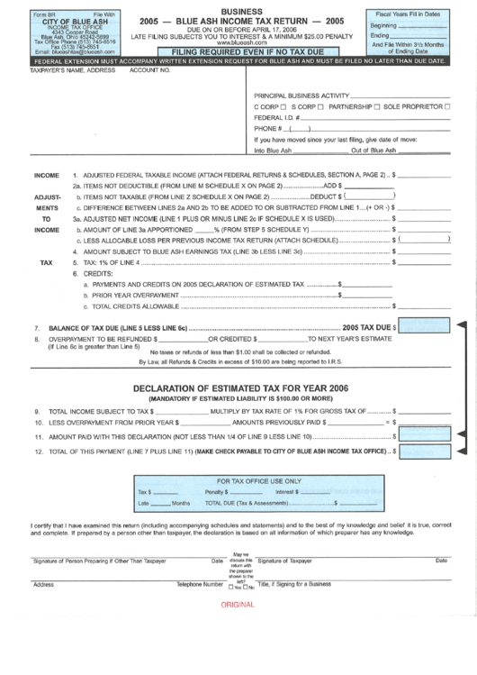 Form Br - Blue Ash Income Tax Return - 2005 Printable pdf