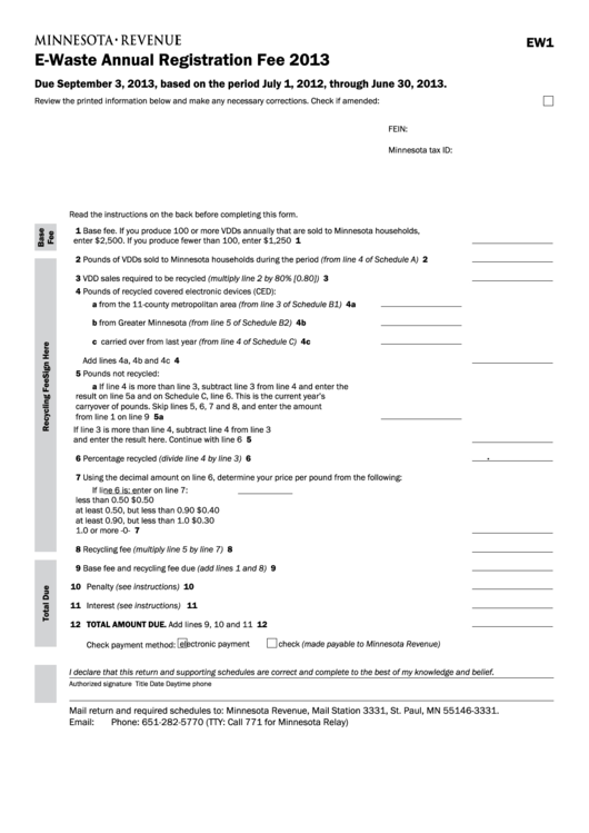 Fillable Form Ew1 - E-Waste Annual Registration Fee - 2013 Printable pdf