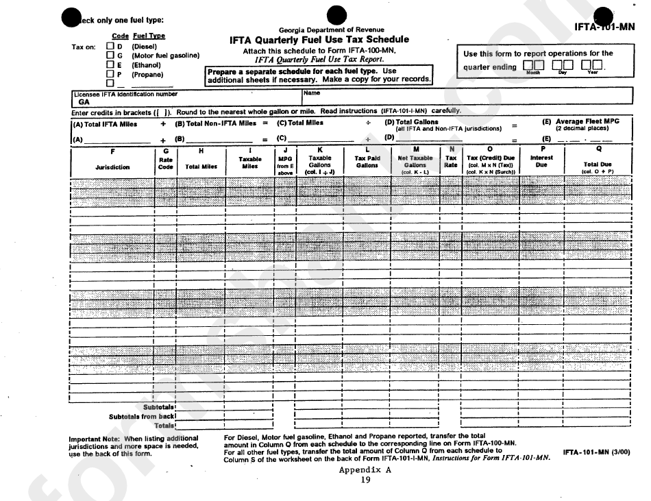 Form Ifta101Mn Ifta Quarterly Fuel Use Tax Schedule printable pdf