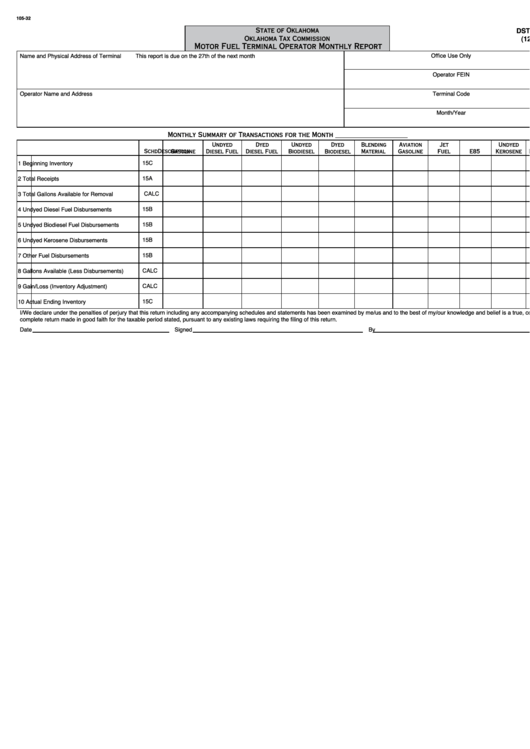 Form Dst - 201 - Motor Fuel Terminal Operator Monthly Report Printable pdf