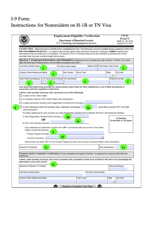 I-9 Form - Instructions For Nonresident On H-1b Or Tn Visa Printable pdf