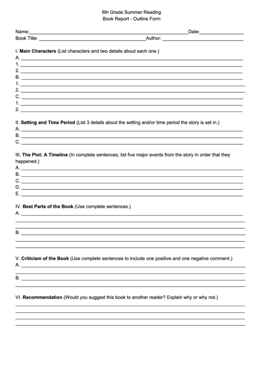 6th Grade Summer Reading Book Report - Outline Form Printable pdf