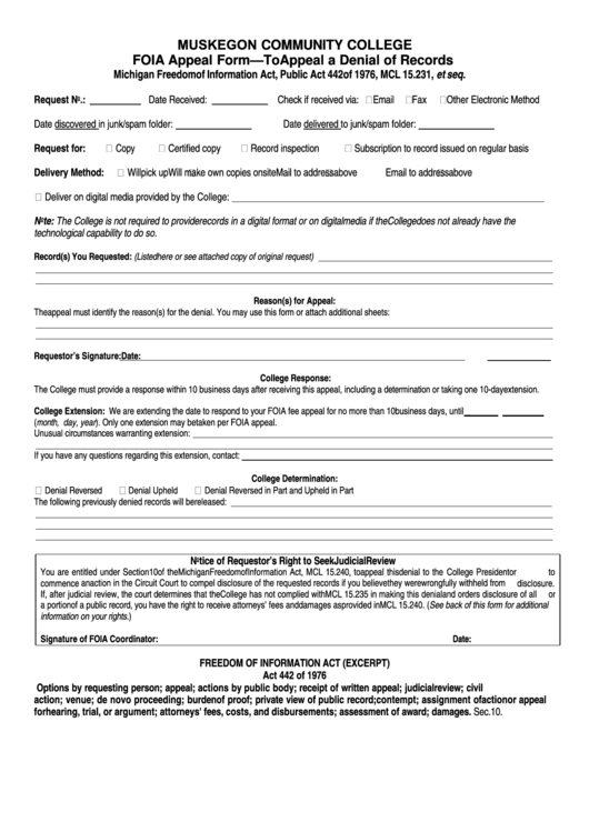 Foia Appeal Form - To Appeal A Denial Of Records