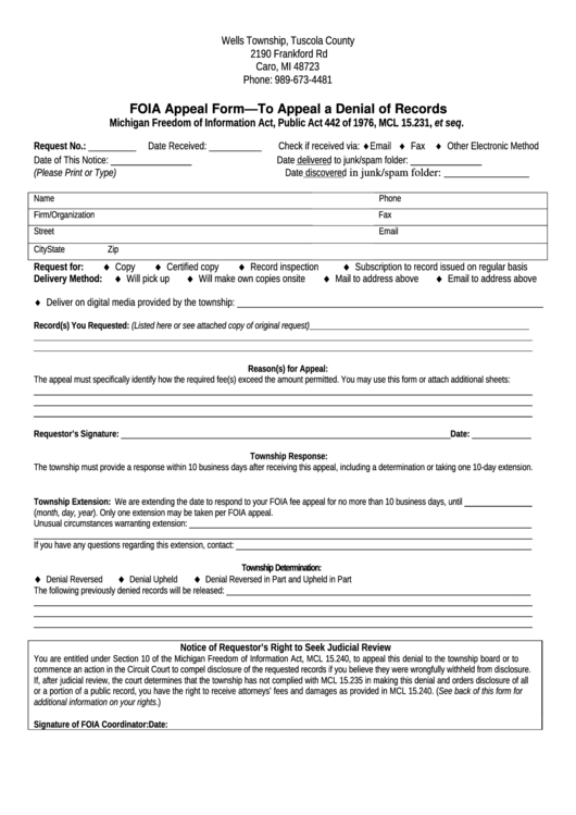 Fillable Foia Appeal Form - To Appeal A Denial Of Records Printable pdf