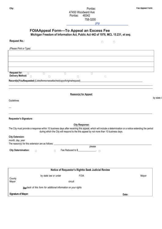 Fillable Foia Appeal Form - To Appeal An Excess Fee Printable pdf