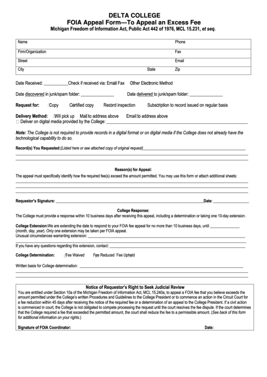 Foia Appeal Form - To Appeal An Excess Fee