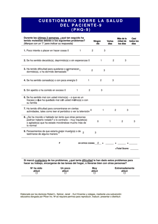 Cuestionario Sobre La Salud Del Paciente-9 (Phq-9) Printable pdf