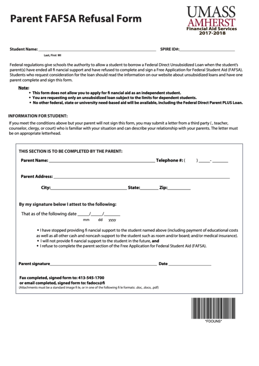 Fillable Parent Fafsa Refusal Form printable pdf download